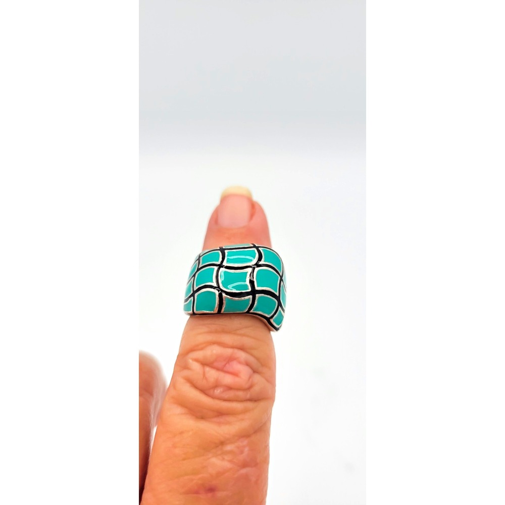Italy Sterling Silver Turquoise Enamel Inlay Wide Band Ring Size 6